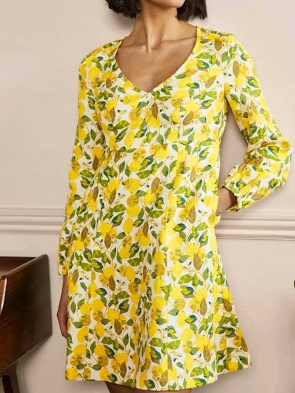 Boden 100% Linen Lemon Print Flippy Long Sleeve V-Neck Mini Dress 12P Petite